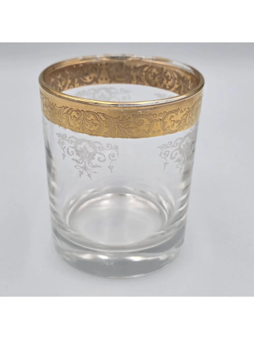 Old Fashioned by Cellini Gold Rim Etched Glass Tumbler With Floral Scroll Design